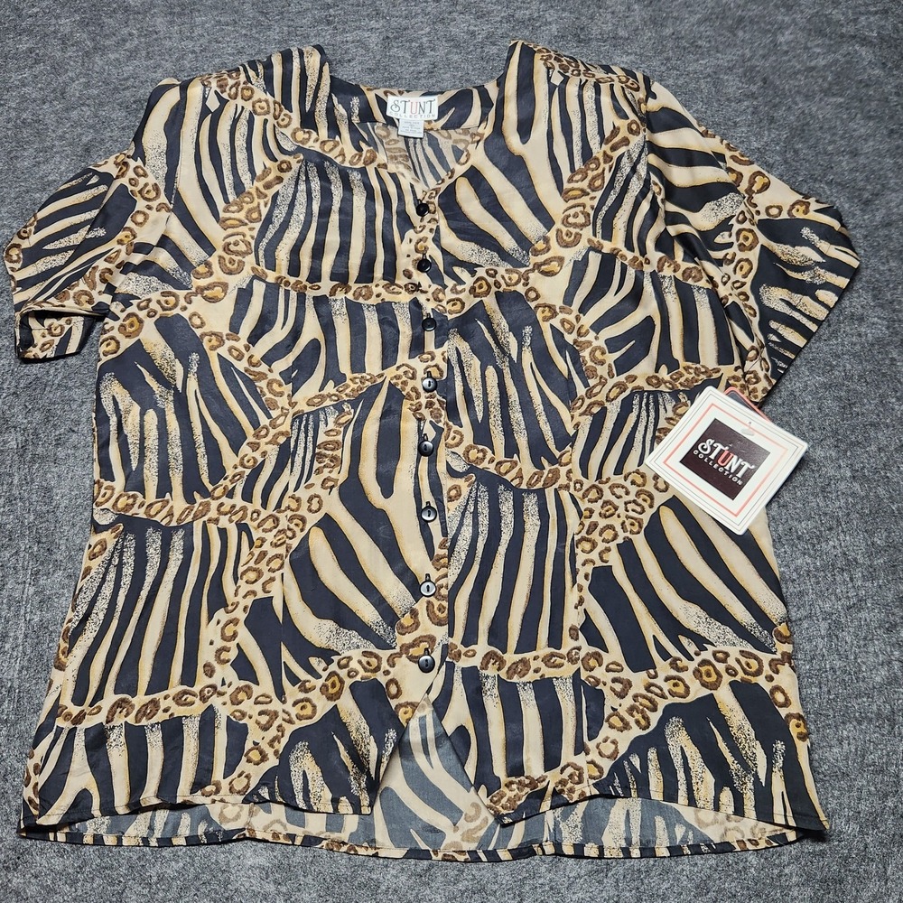 Stunt Collection Womens Vintage Silk Button Blouse Animal Print Chain Link L NEW